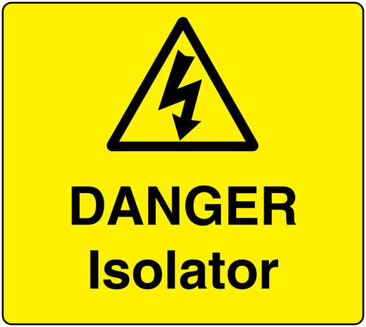 Warning sticker: lightning hazard triangle with 'DANGER Isolator' text