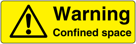 Warning confined space sticker: yellow label with black triangle and warning text