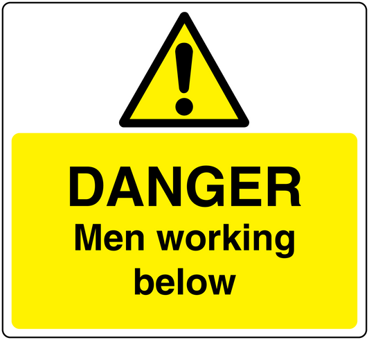 Safety sticker with black warning triangle and bold text: DANGER, Men working below