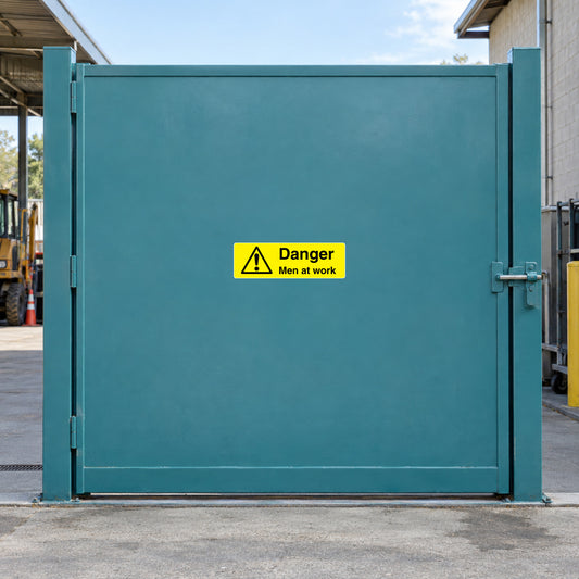 Warning sticker: Danger men at work, yellow triangle with exclamation mark