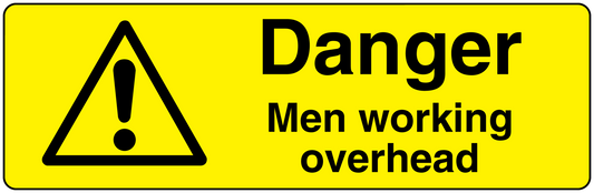 Warning rectangle sticker with black triangle exclamation and text: Danger, Men working overhead
