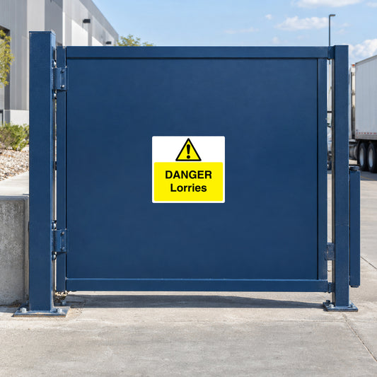Yellow danger warning sticker with triangle and text 'DANGER Lorries'