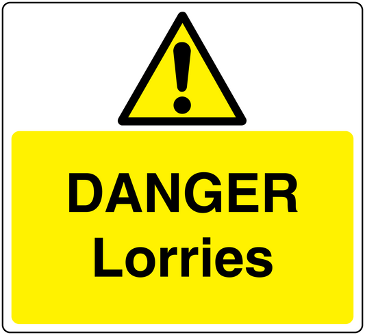 Danger warning sticker with yellow panel and black “DANGER Lorries” text