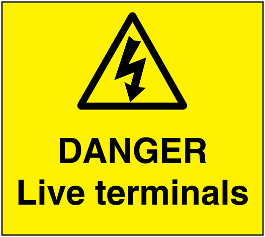 Danger sticker with warning triangle and "DANGER" and "Live terminals" text