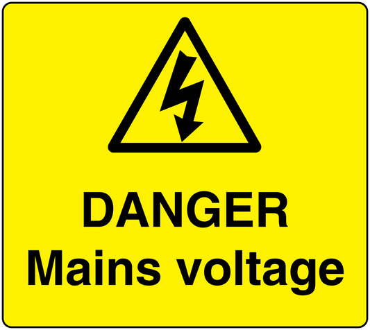 Yellow danger mains voltage sticker with black warning triangle and lightning bolt, text DANGER