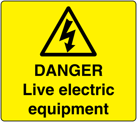 Yellow danger sticker with lightning hazard triangle and 'DANGER Live electric equipment' text