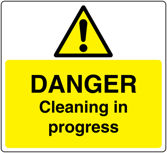 Yellow warning sticker with black hazard triangle and 'DANGER Cleaning in progress'