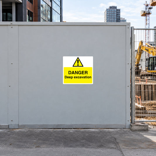 Warning danger deep excavation sticker with yellow triangle and bold text