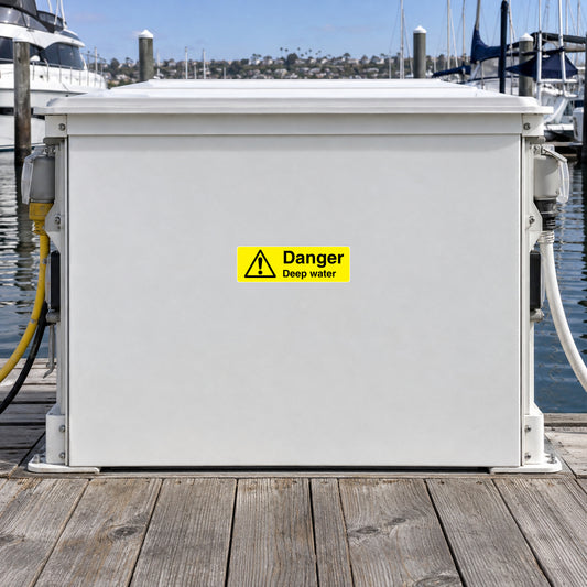 Yellow danger deep water caution sticker with exclamation triangle