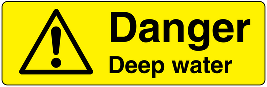 Danger deep water warning sticker with yellow background and black hazard triangle