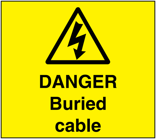 Yellow danger buried cable warning sticker with black triangle and DANGER text