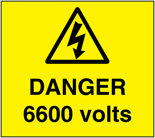 Yellow danger 6600 volts warning sticker with black lightning hazard triangle and text