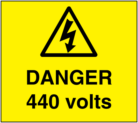 Yellow warning sticker with black triangle lightning and text 'DANGER 440 volts'.