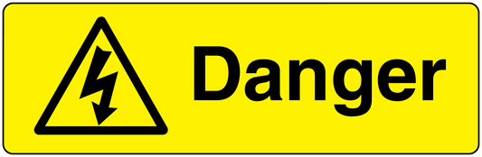 Danger warning sticker with yellow background, black triangle lightning icon, and “Danger” text
