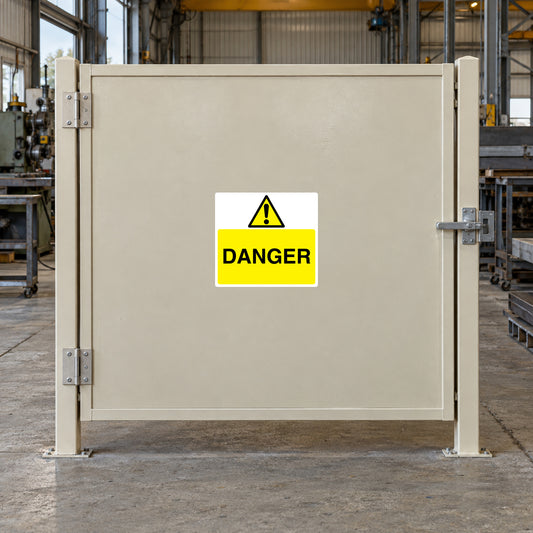 Danger warning sticker with yellow triangle and DANGER text on white background