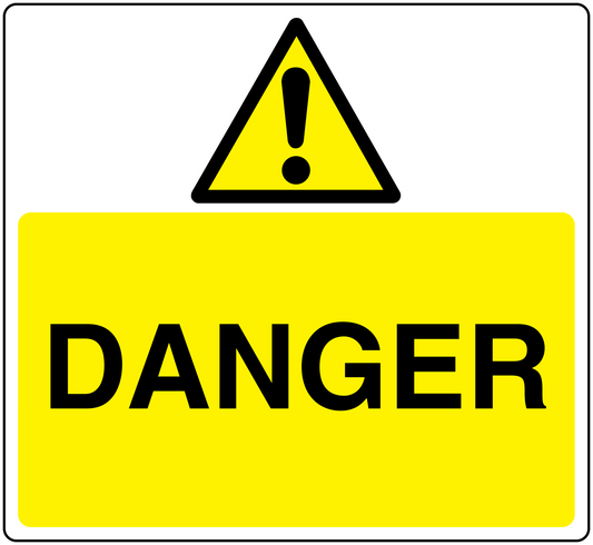 Yellow safety warning sticker with black triangle exclamation and 'DANGER' text