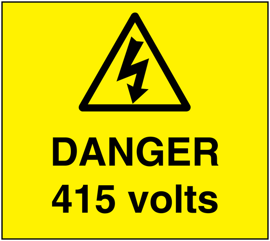 Yellow warning sticker with black triangle and "DANGER 415 volts" text