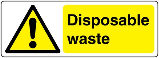 Disposable waste sticker with yellow warning triangle and bold text