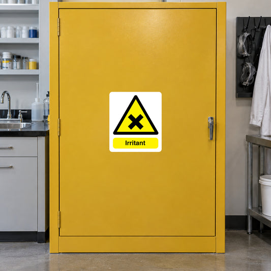 Danger irritant warning sticker with black hazard symbol and 'Irritant' on yellow door