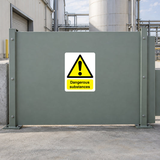 Rectangle warning sticker: yellow triangle with exclamation and Dangerous substances.