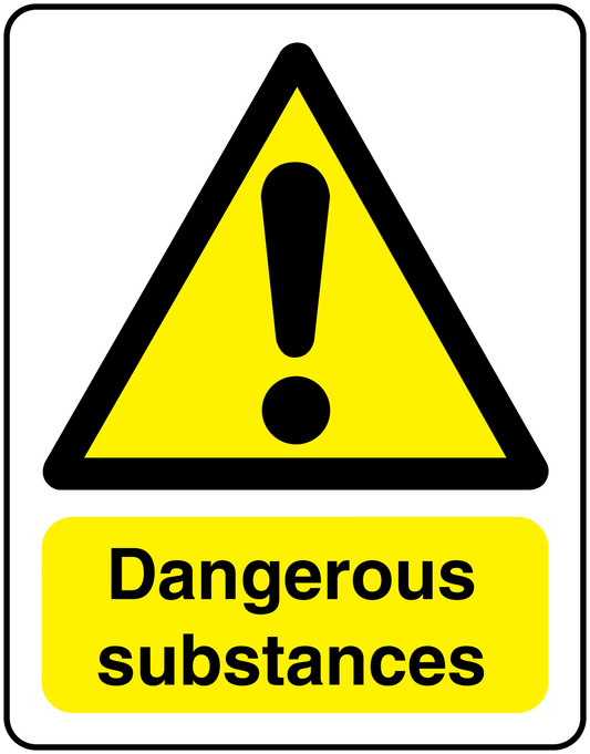 Rectangle warning sticker with yellow triangle, black exclamation mark, and “Dangerous substances” text