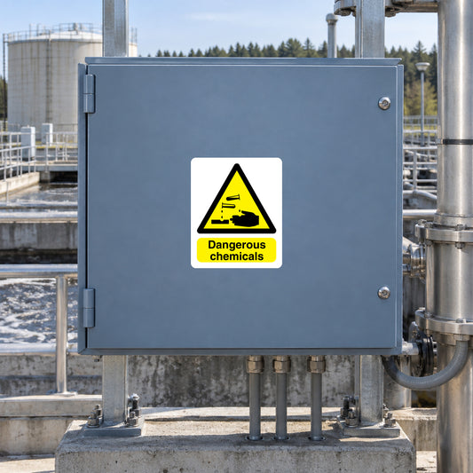 Dangerous chemicals warning sticker with hazard triangle and 'Dangerous chemicals' text