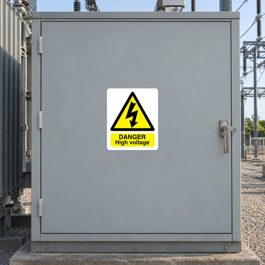 High-voltage danger sticker with yellow triangle, black lightning, and "DANGER High voltage" text
