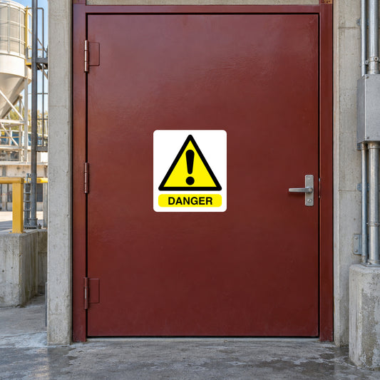 Yellow warning triangle sticker with black exclamation and green "DANGER" text