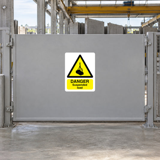 Danger suspended load warning sticker, white square with yellow hazard triangle and text