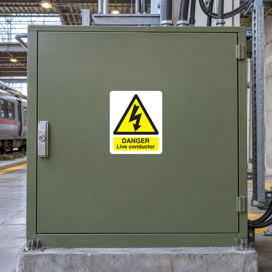 Warning danger live conductor sticker with yellow triangle and black lightning bolt