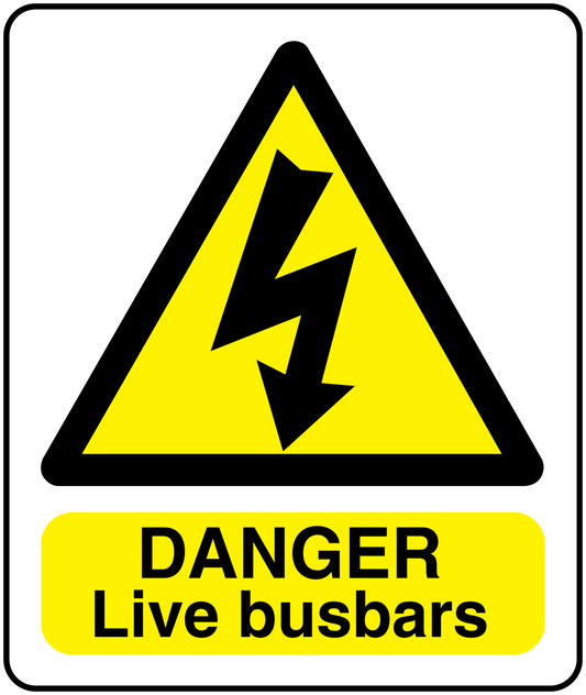 Danger live busbars warning sticker with yellow triangle, lightning bolt, and black text 'DANGER'