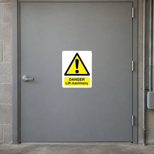 Danger lift machinery warning sticker with yellow triangle and exclamation mark