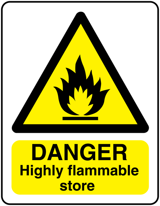 Safety warning rectangle sticker with flame triangle and 'DANGER Highly flammable store' text