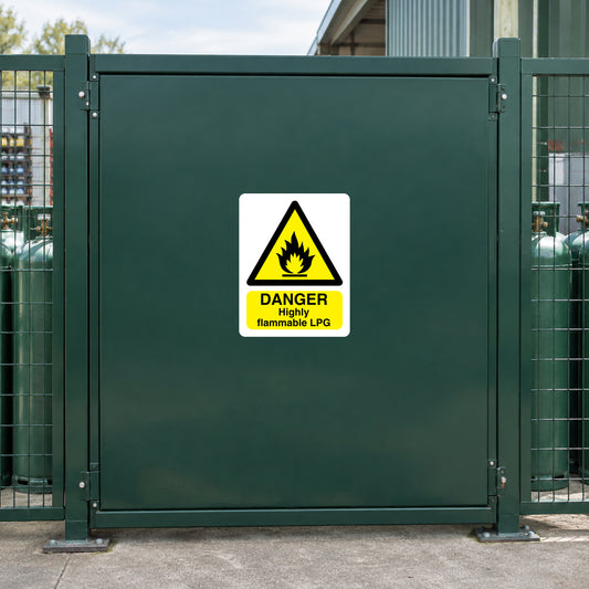 Rectangular danger sticker with yellow flame warning triangle and 'Danger Highly flammable LPG'