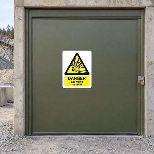 Danger explosive material warning sticker with yellow hazard triangle and 'DANGER' text