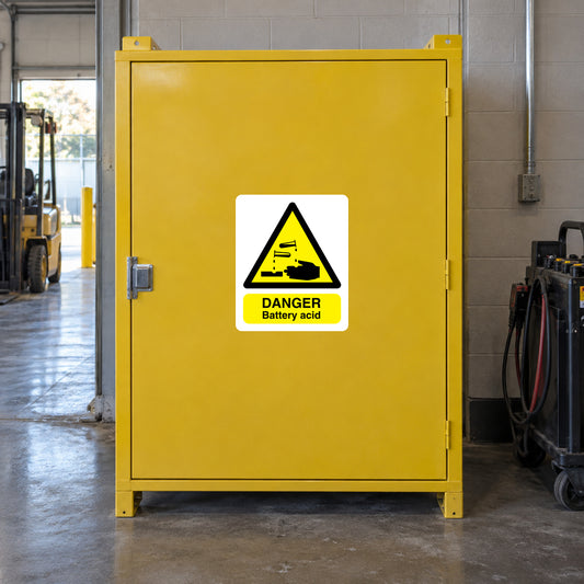Danger battery acid warning sticker with yellow border and black warning triangle
