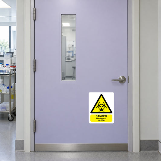 Biological hazard danger sticker with yellow biohazard symbol and black text