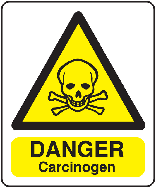 Danger carcinogen warning sticker: yellow triangle skull and crossbones, DANGER Carcinogen text