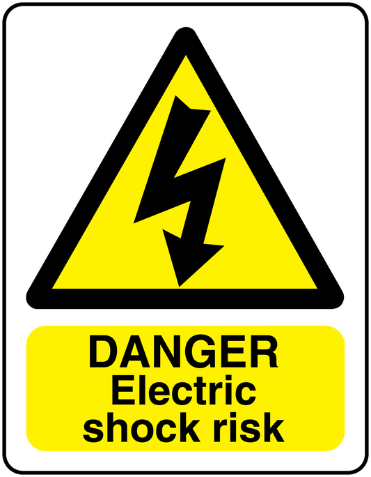 Danger electric shock risk sticker with yellow triangle and bold black warning text