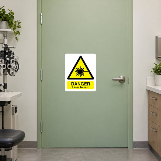 Laser hazard warning sticker with yellow triangle and DANGER text