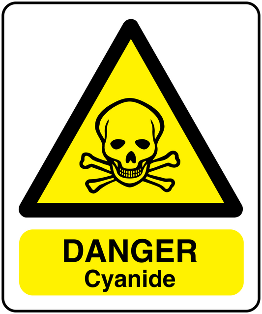 Hazard warning sticker: yellow triangle skull & crossbones, 'DANGER Cyanide' label