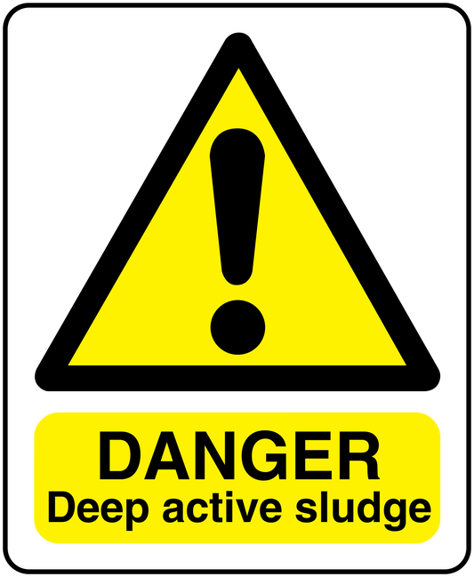 Danger deep active sludge rectangle sticker with yellow warning triangle and DANGER text