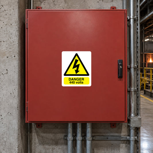 Danger 440 volts warning sticker with yellow lightning triangle on white background