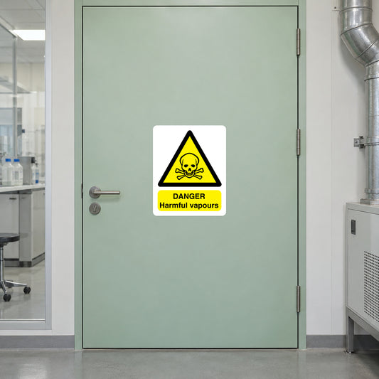 Danger harmful vapours warning sticker with yellow biohazard triangle and text