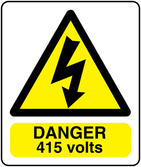 Danger 415 volts rectangle warning sticker with yellow lightning triangle