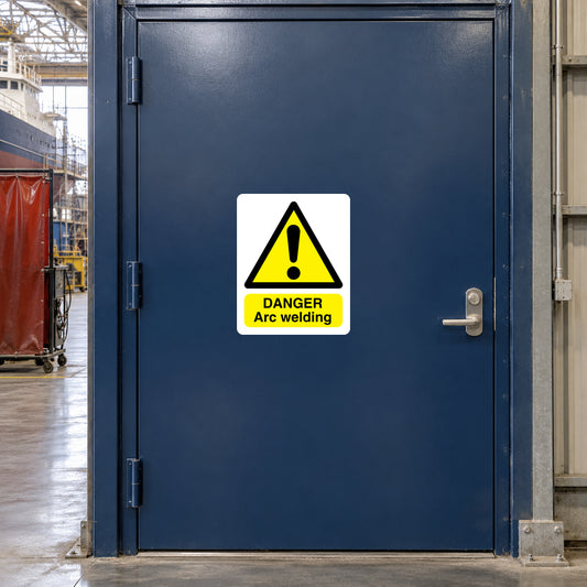 Danger arc welding warning sticker with yellow triangle and exclamation mark