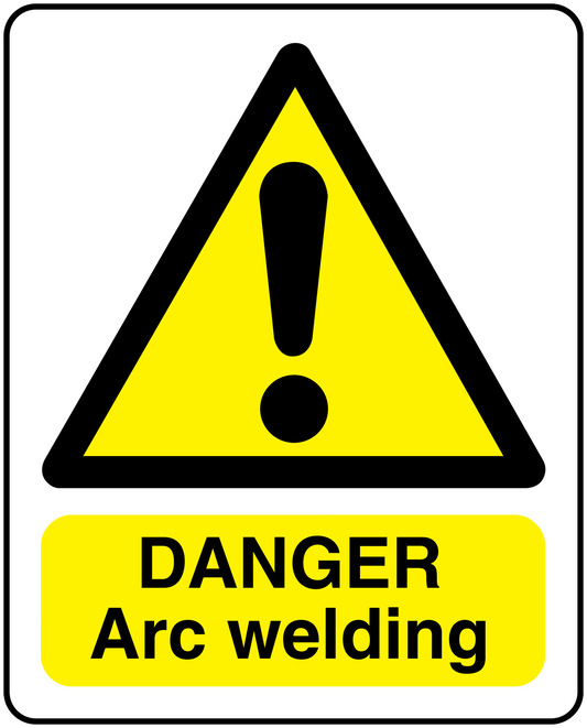 Rectangle warning sticker with yellow triangle, black exclamation, and “DANGER Arc welding” text