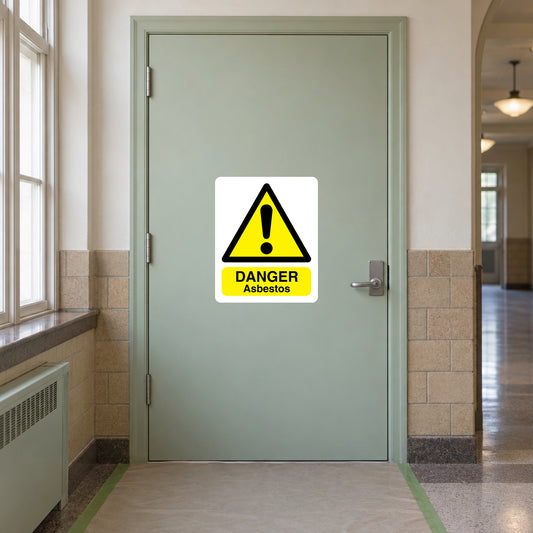 Asbestos danger rectangle sticker with yellow warning triangle and DANGER Asbestos text