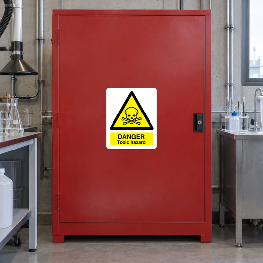 Red warning sticker with yellow biohazard symbol and text 'DANGER Toxic hazard'