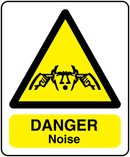 Hazard sticker with yellow triangle and 'DANGER Noise' label